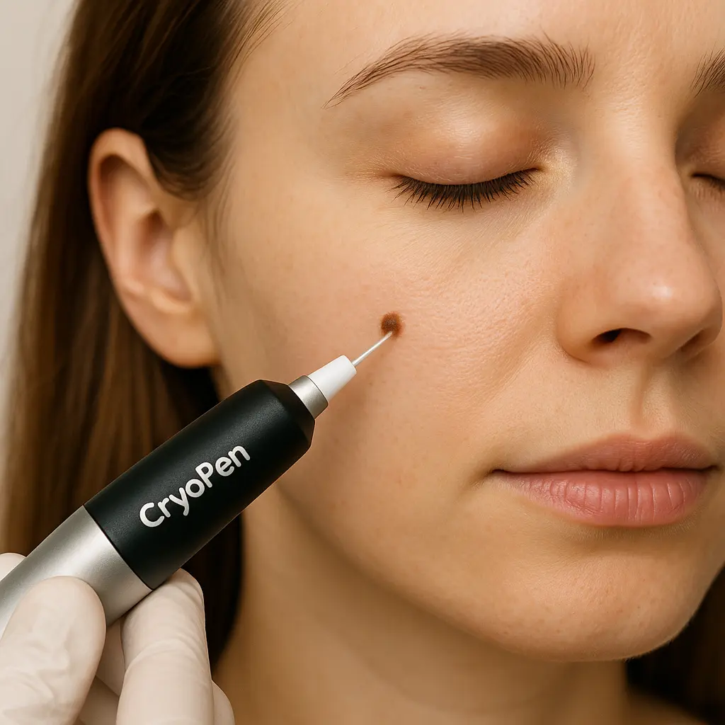 woman receiving facial mole removal Bournville using cryopen