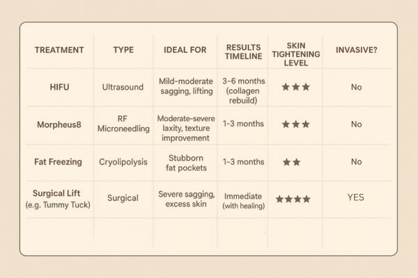 Table showing the comparisons of Skin tightening Bournville treatment options.
